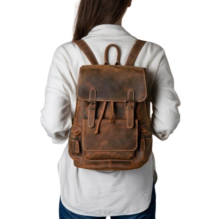 Buckled Flap Drawstring Leather Backpack