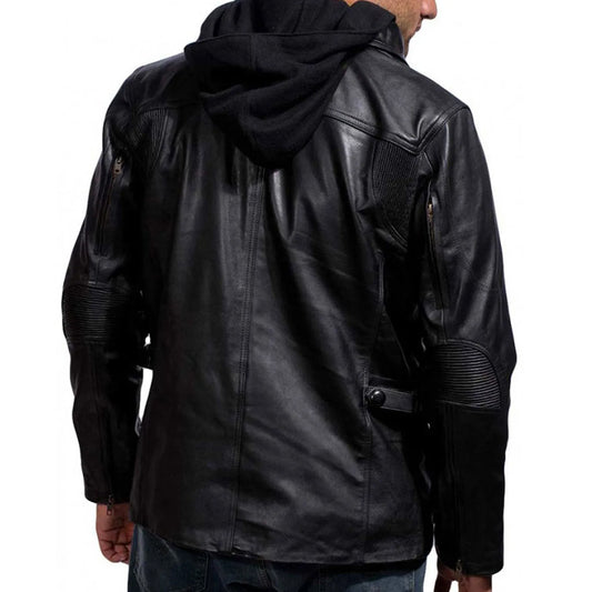 Men's Black Moulder Hooded Leather Jacket