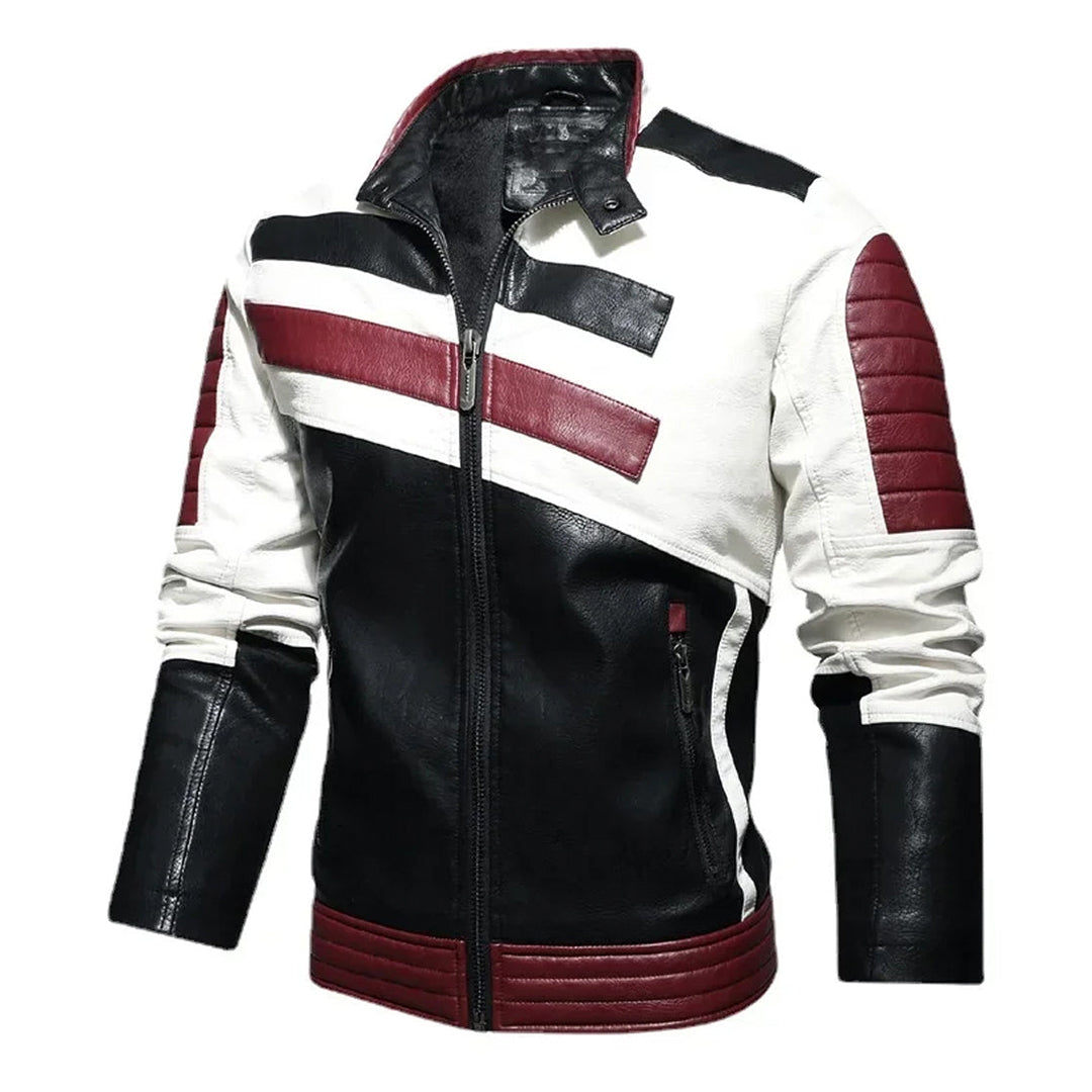 Men's Striped Warm Winter Moto Leather Jacket