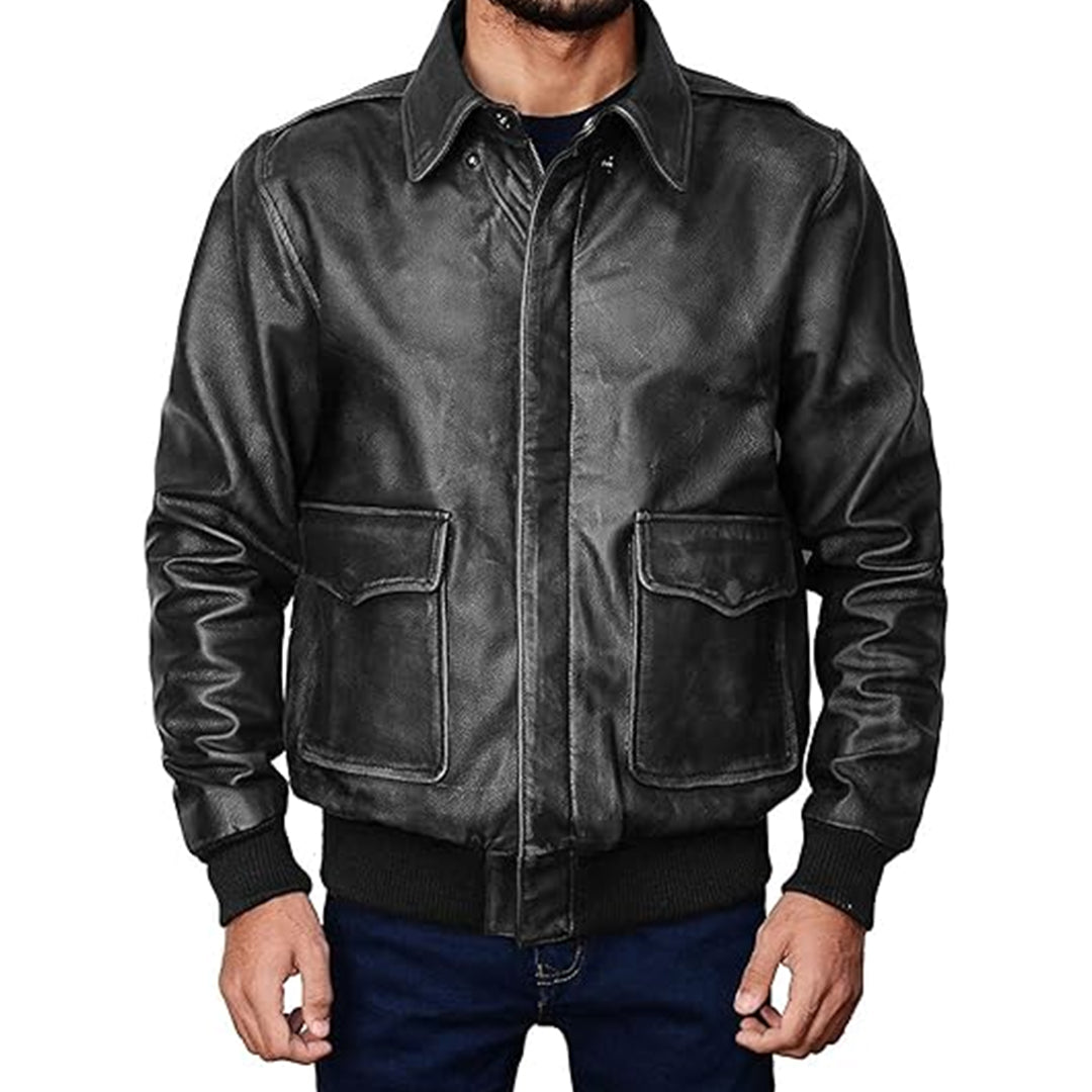 Men's Distressed Black Bomber Leather Jacket