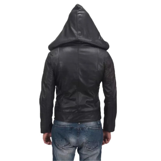 Men's Black Spratt Hooded Leather Jacket