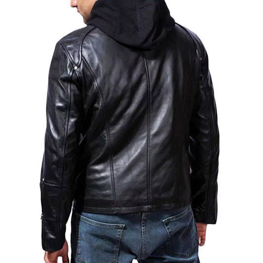 Men's Black Hooded Leather Jacket