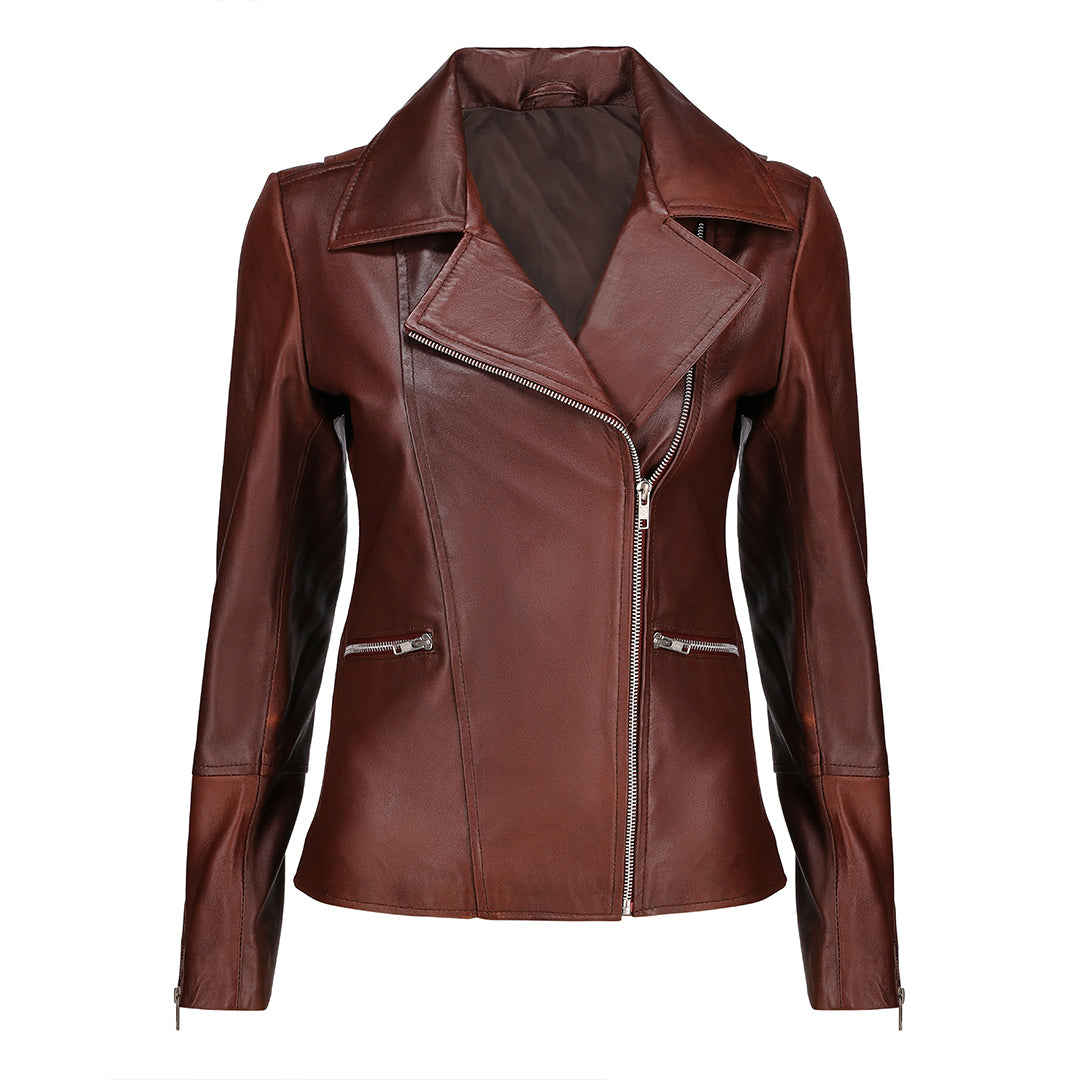 Women's Maroon Asymmetrical Biker Leather Jacket