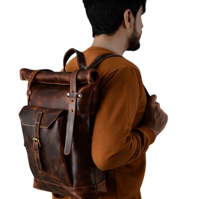 Brown Saddleback Backpack- Roll Top