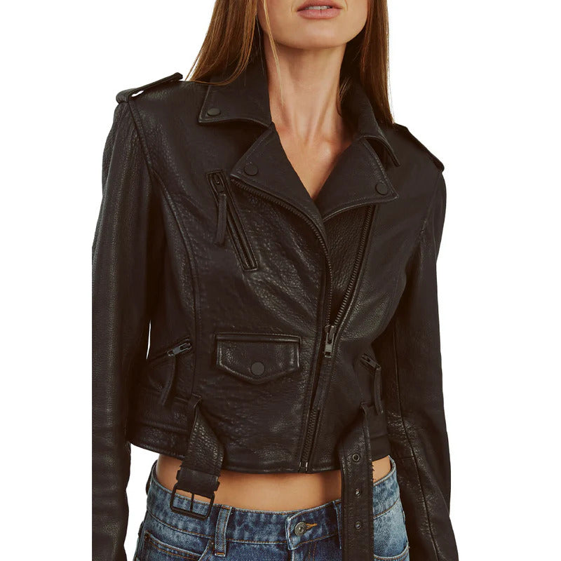 Women's Crop Style Moto Leather Jacket