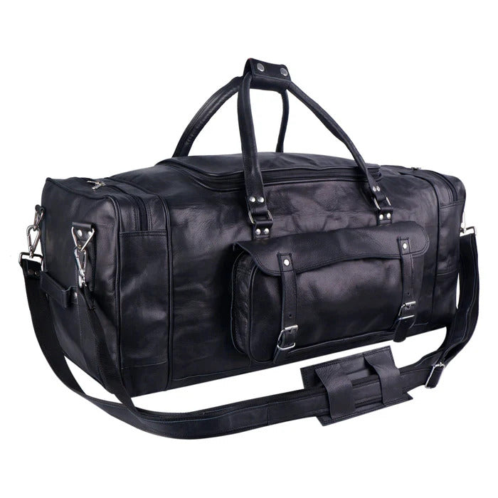 Black Leather Duffle Bag for Travel