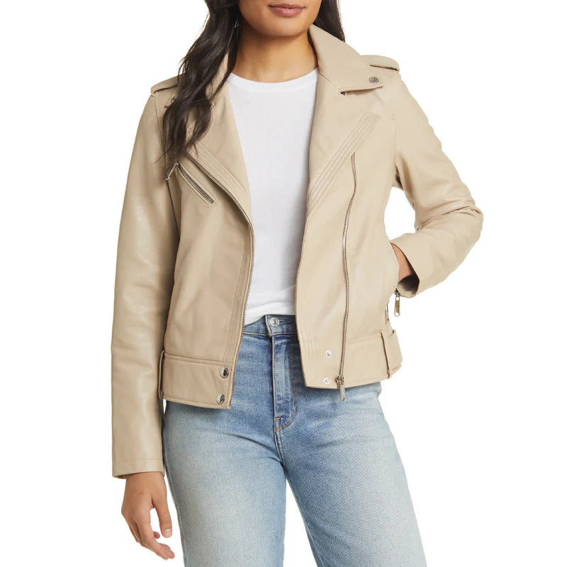 Women's Beige Sam Edelmen Moto Leather Jacket