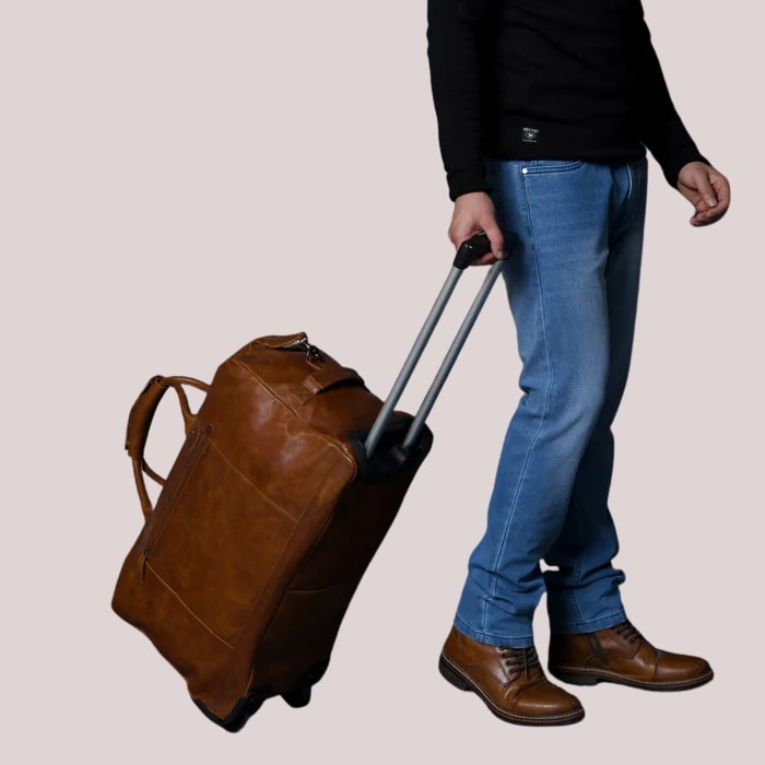 Premium Brown Leather Duffle Bag with Wheels