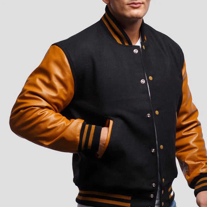 Black Wool Body & Gold Leather Sleeves Varsity Jacket