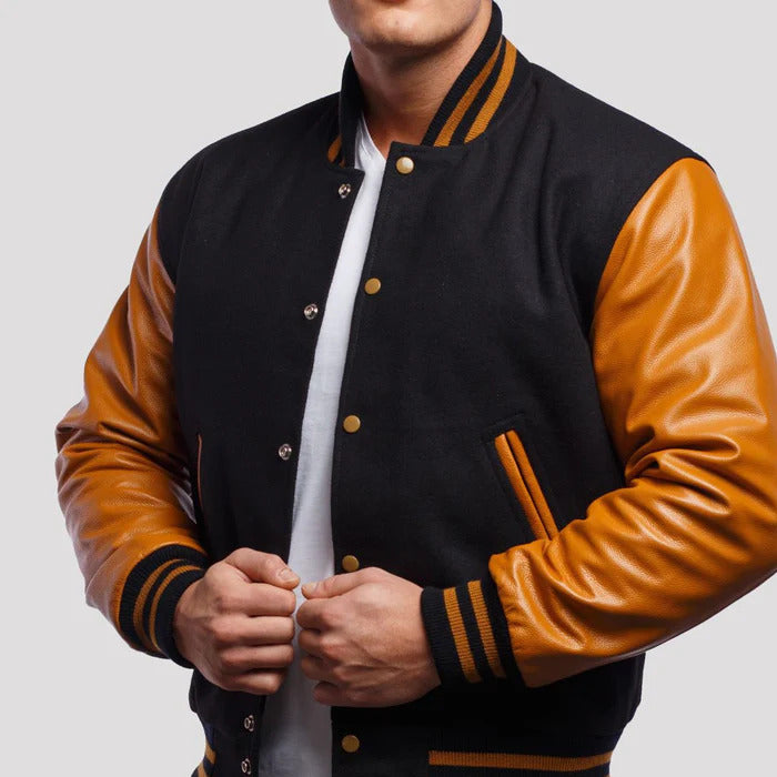 Black Wool Body & Gold Leather Sleeves Varsity Jacket