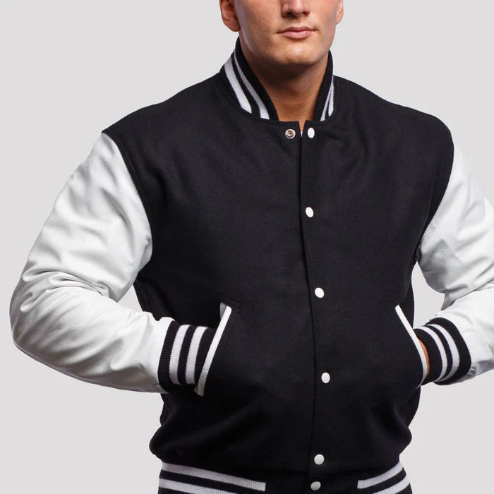 Black Wool Body & White Leather Sleeves Varsity Jacket