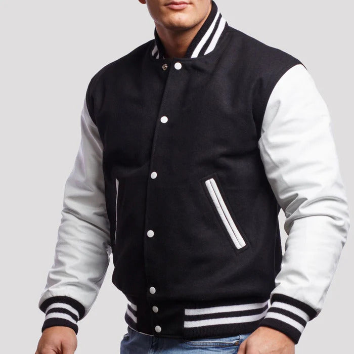 Black Wool Body & White Leather Sleeves Varsity Jacket