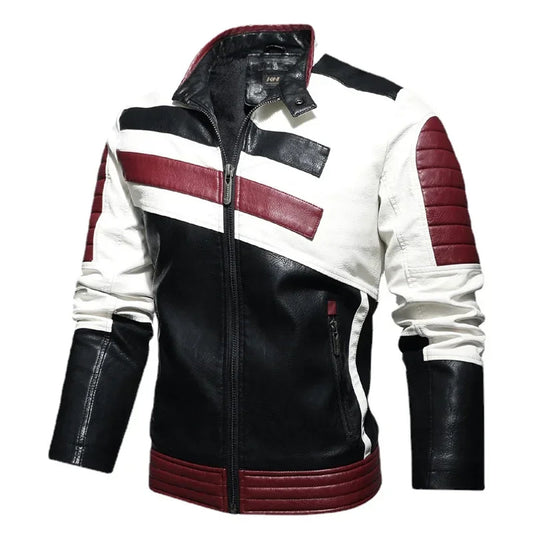 Men's Striped Warm Winter Moto Leather Jacket