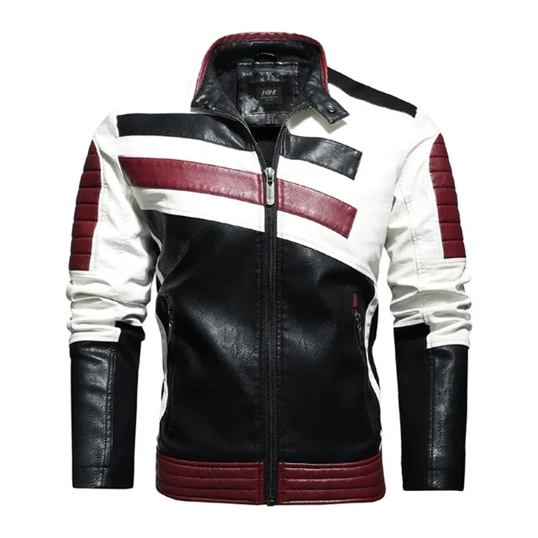 Men's Striped Warm Winter Moto Leather Jacket