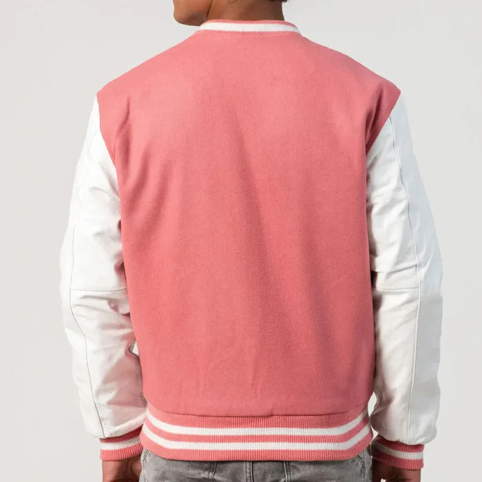 Bright Pink Wool Body & White Leather Sleeves Varsity Jacket