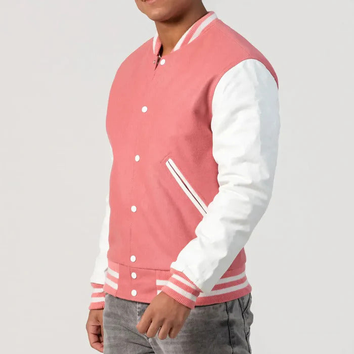 Bright Pink Wool Body & White Leather Sleeves Varsity Jacket