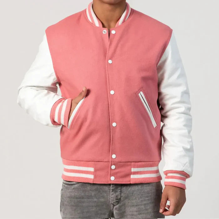 Bright Pink Wool Body & White Leather Sleeves Varsity Jacket