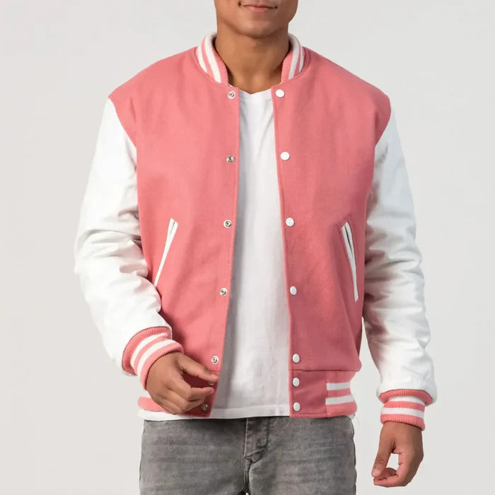 Bright Pink Wool Body & White Leather Sleeves Varsity Jacket