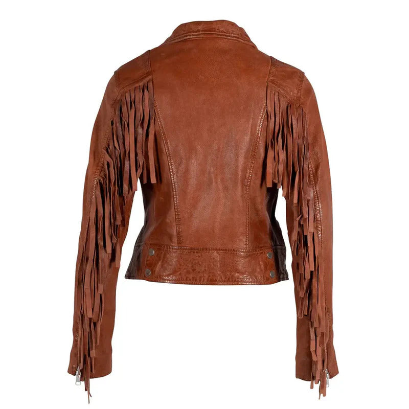 Women’s Orange Burnt Fringe Leather Jacket