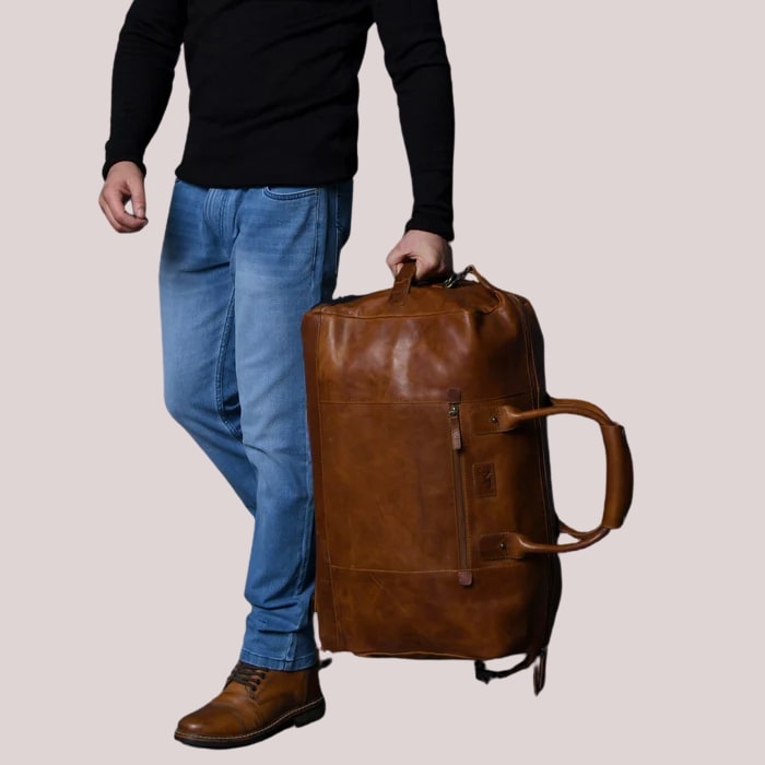 Premium Brown Leather Duffle Bag with Wheels