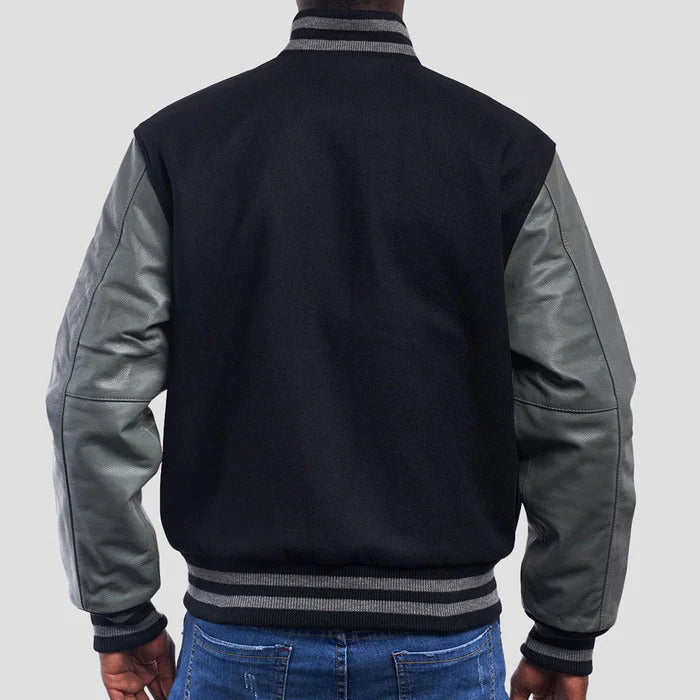 Black and White Wool Body Leather Sleeve Varsity Jacket