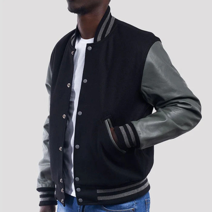 Black and White Wool Body Leather Sleeve Varsity Jacket