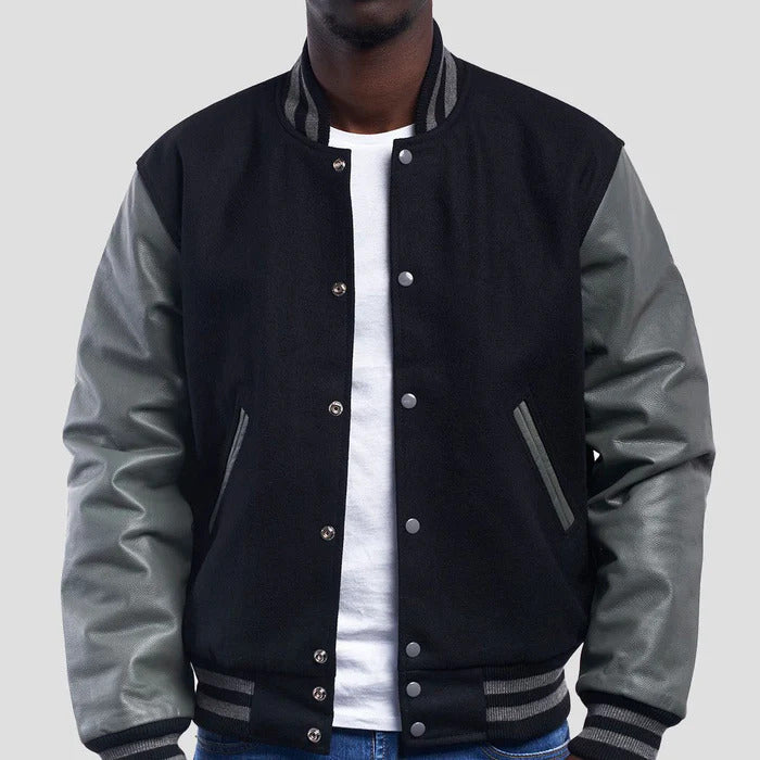 Black and White Wool Body Leather Sleeve Varsity Jacket