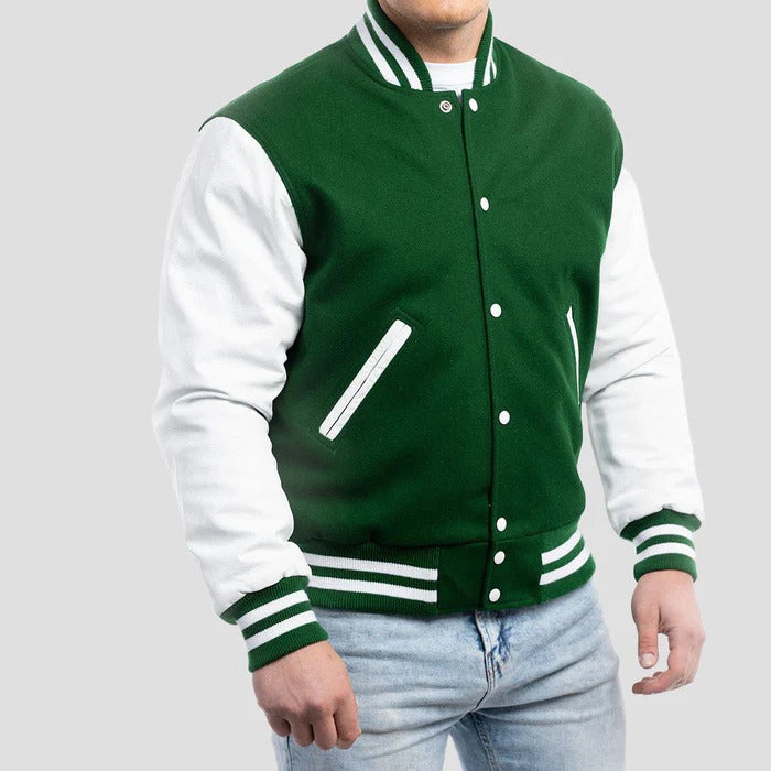 Deep Green Wool Body & White Leather Sleeves Varsity Jacket