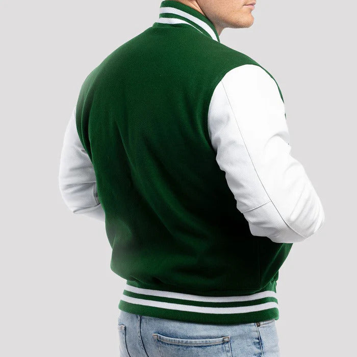 Deep Green Wool Body & White Leather Sleeves Varsity Jacket