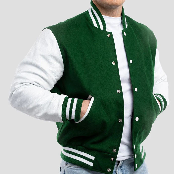 Deep Green Wool Body & White Leather Sleeves Varsity Jacket