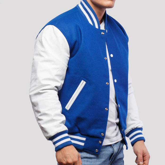 Bright Blue Wool Body & White Leather Sleeves Varsity Jacket