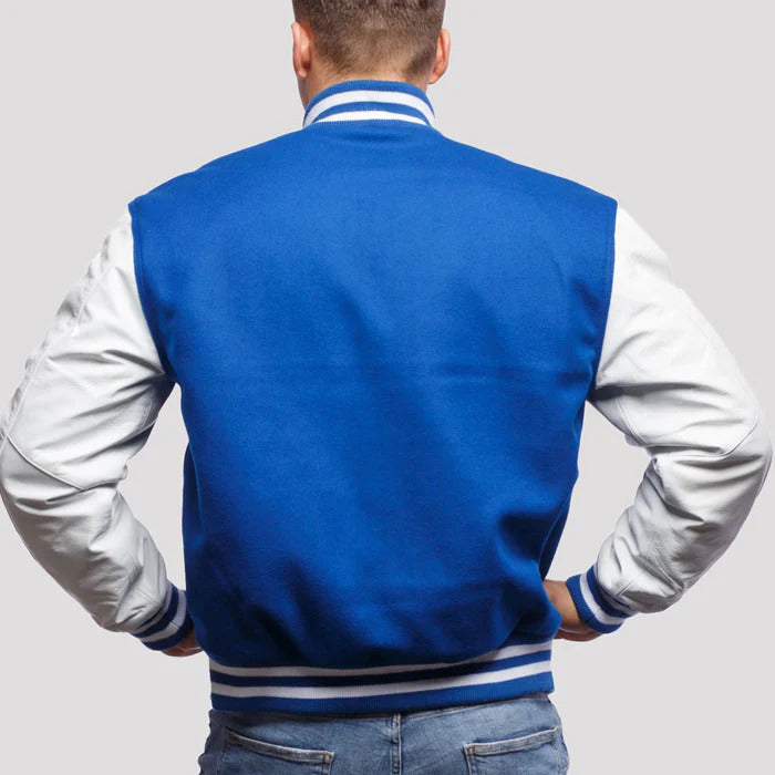 Bright Blue Wool Body & White Leather Sleeves Varsity Jacket