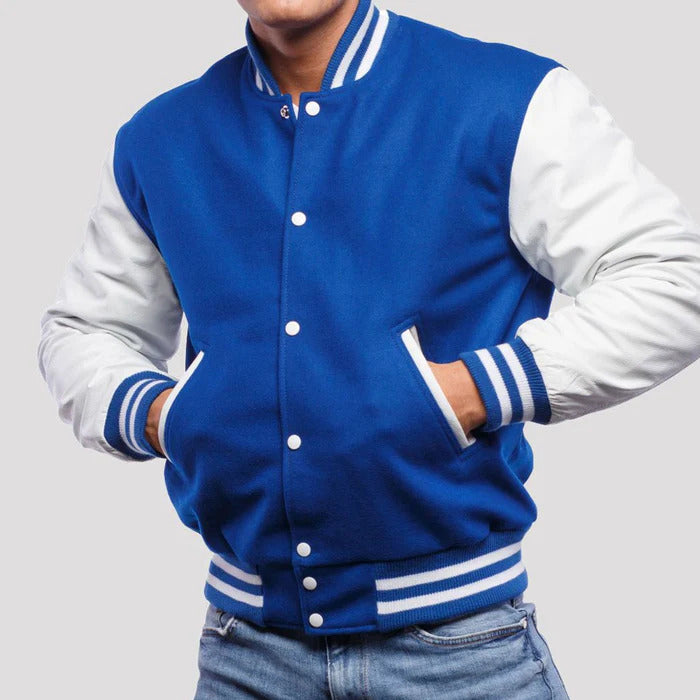 Bright Blue Wool Body & White Leather Sleeves Varsity Jacket