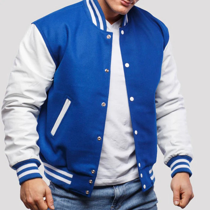 Bright Blue Wool Body & White Leather Sleeves Varsity Jacket