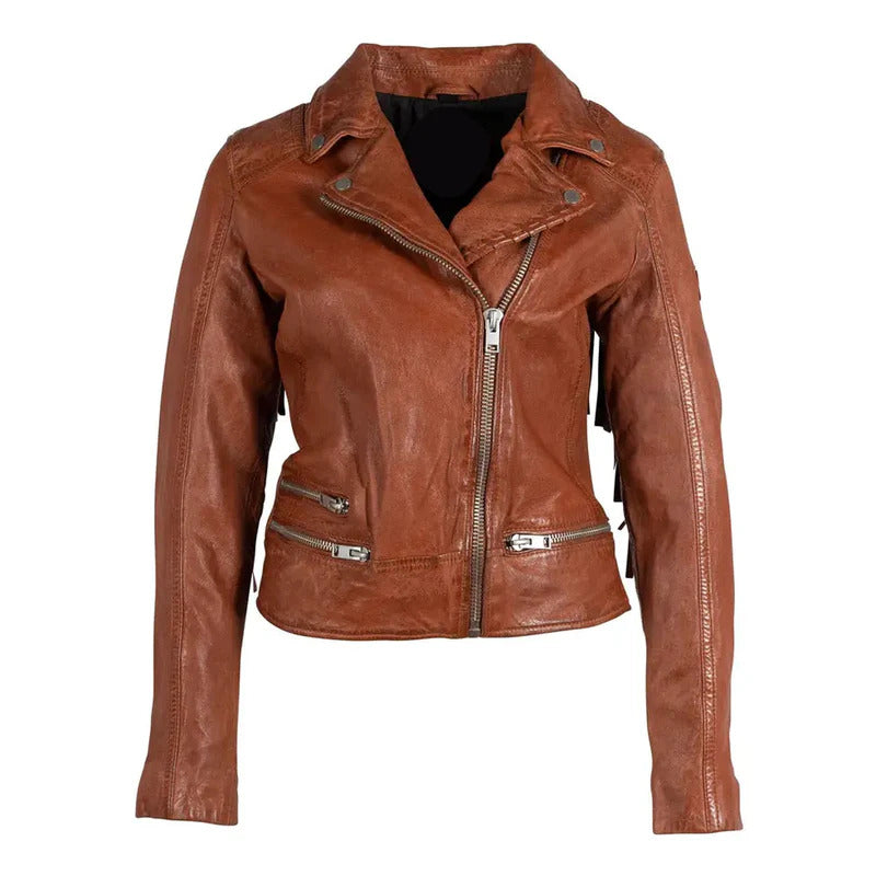 Women’s Orange Burnt Fringe Leather Jacket