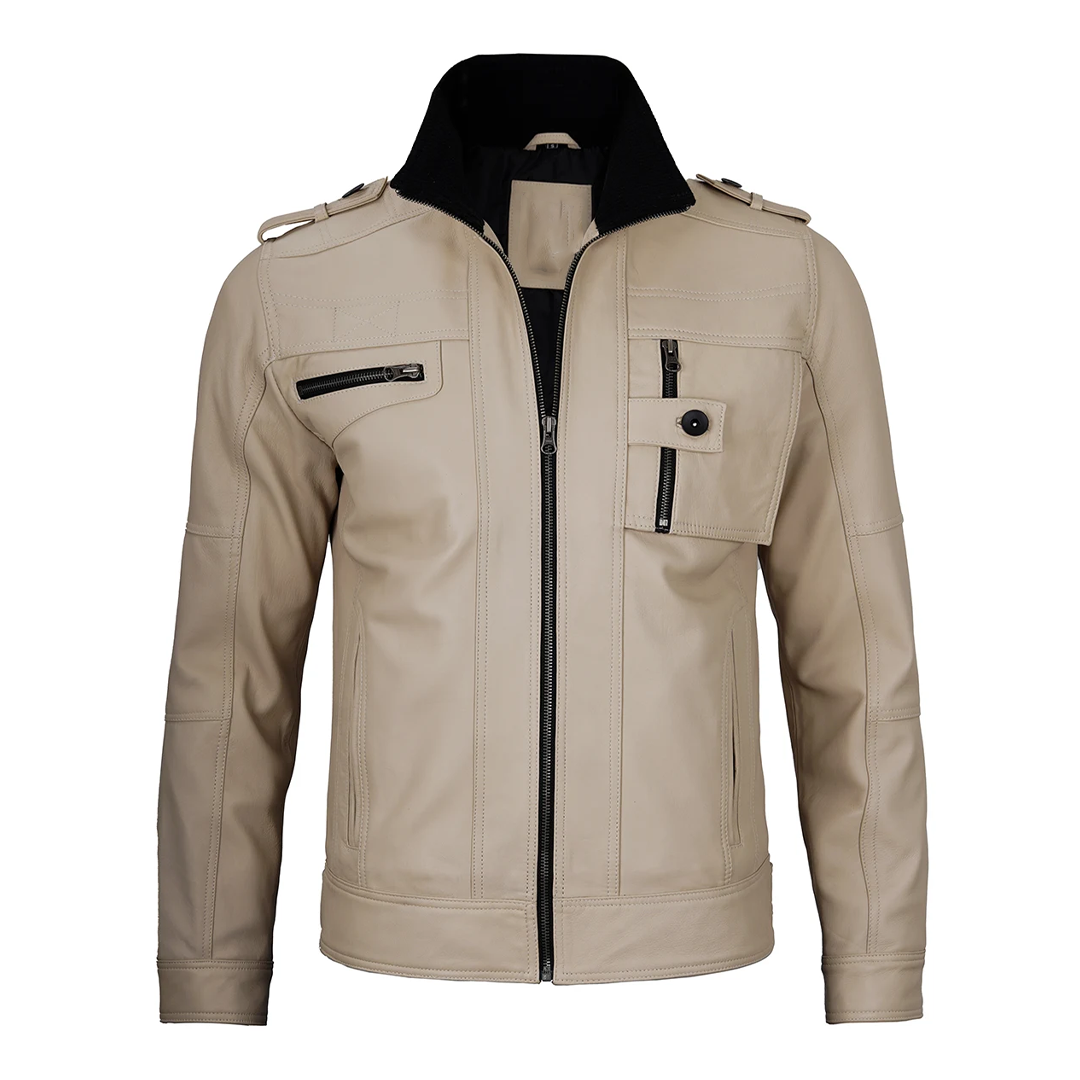 Men's Distressed Tavares Beige Biker Leather Jacket