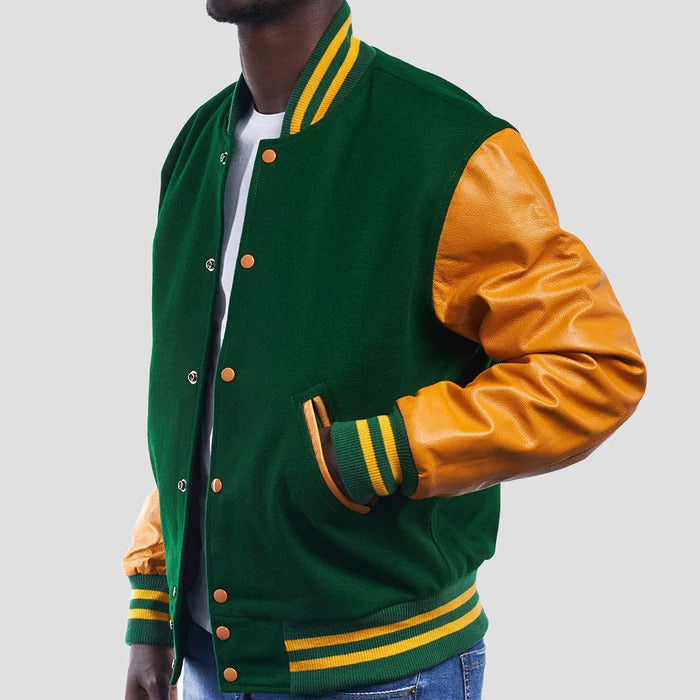 Green Wool & Bright Gold Leather Sleeves Varsity Jacket