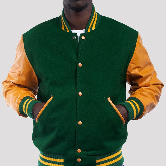 Green Wool & Bright Gold Leather Sleeves Varsity Jacket