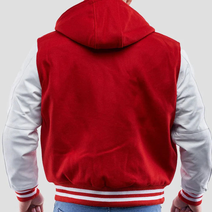 Red Wool Body & White Leather Sleeves Hoodie Varsity Jacket