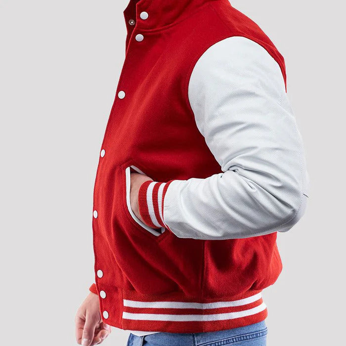 Red Wool Body & White Leather Sleeves Hoodie Varsity Jacket