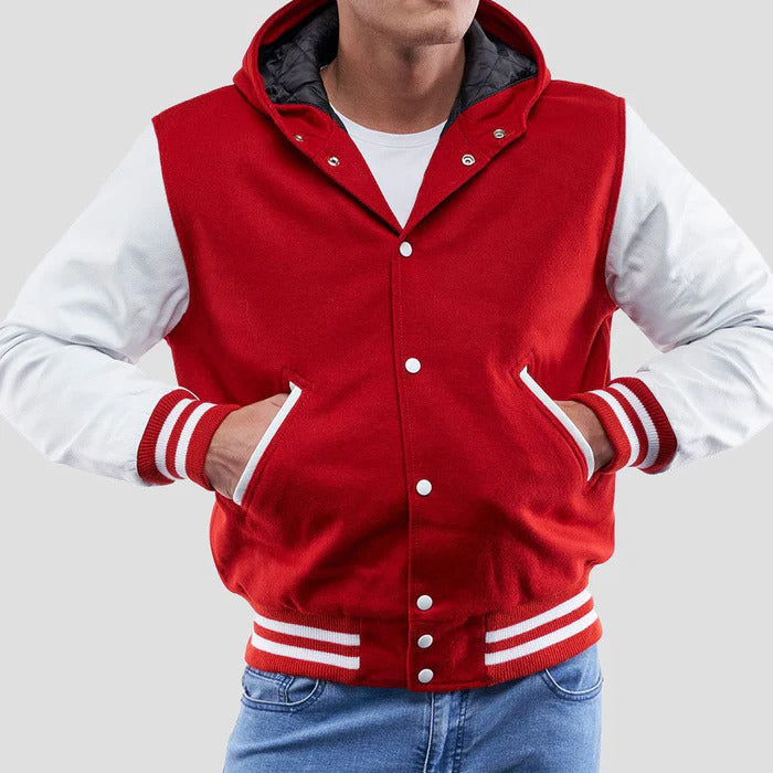 Red Wool Body & White Leather Sleeves Hoodie Varsity Jacket