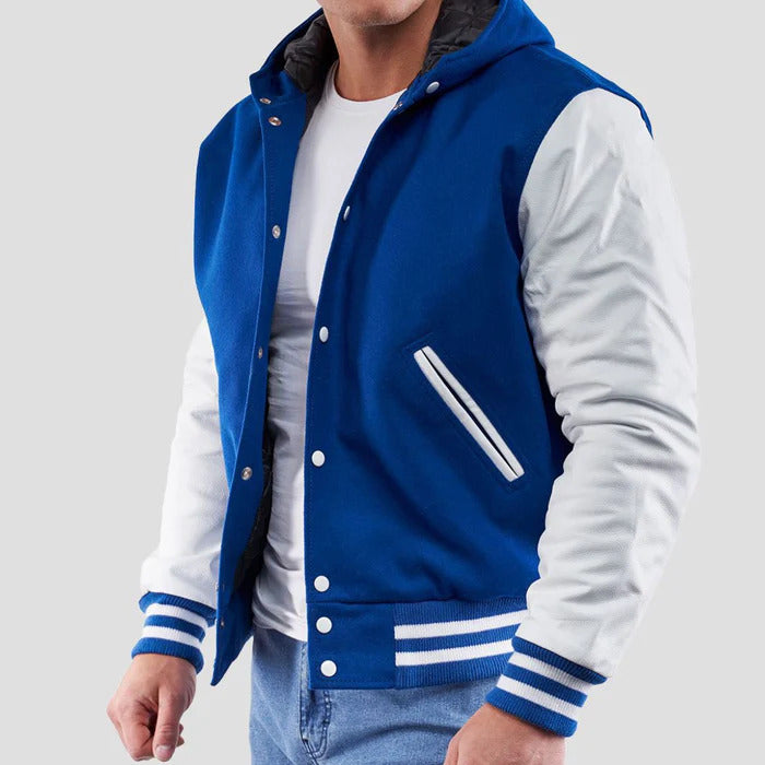 Royal Blue Wool & White Sleeves Hoodie Varsity Jacket