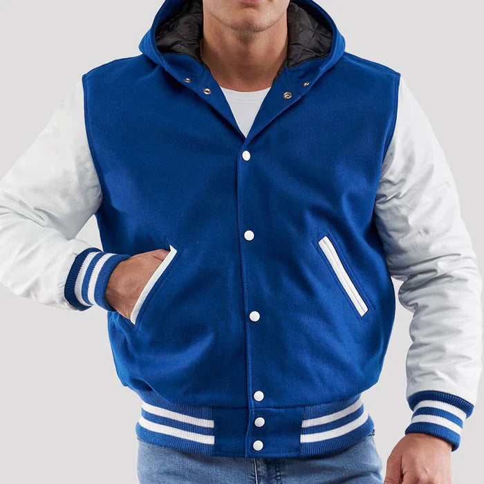 Royal Blue Wool & White Sleeves Hoodie Varsity Jacket