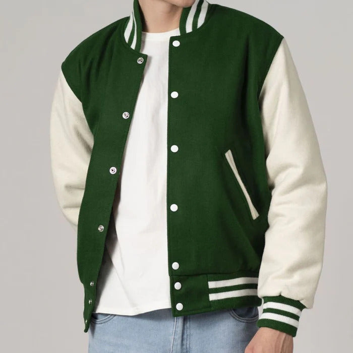 Green & White All Wool Customizable Varsity Jacket