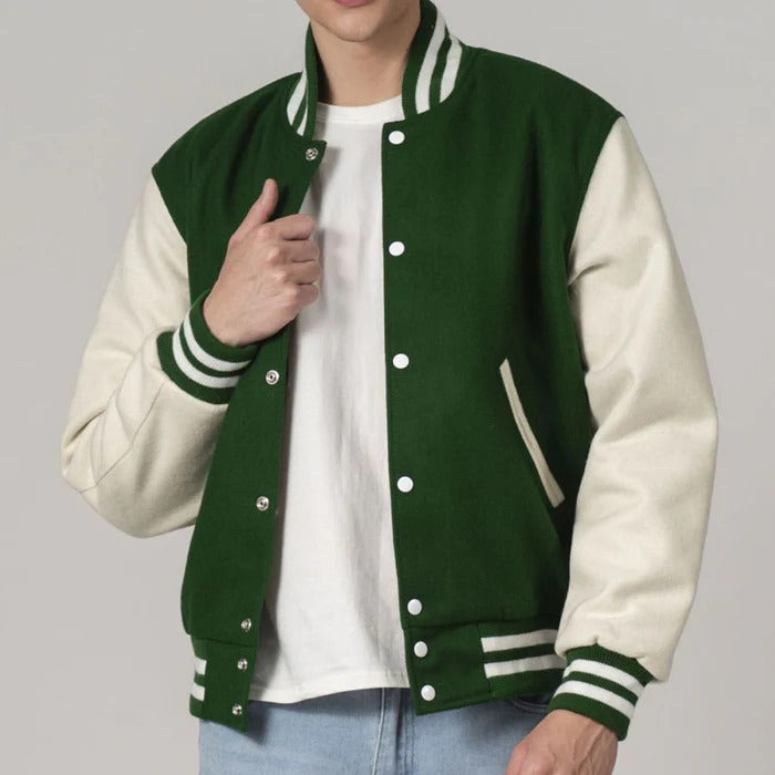 Green & White All Wool Customizable Varsity Jacket