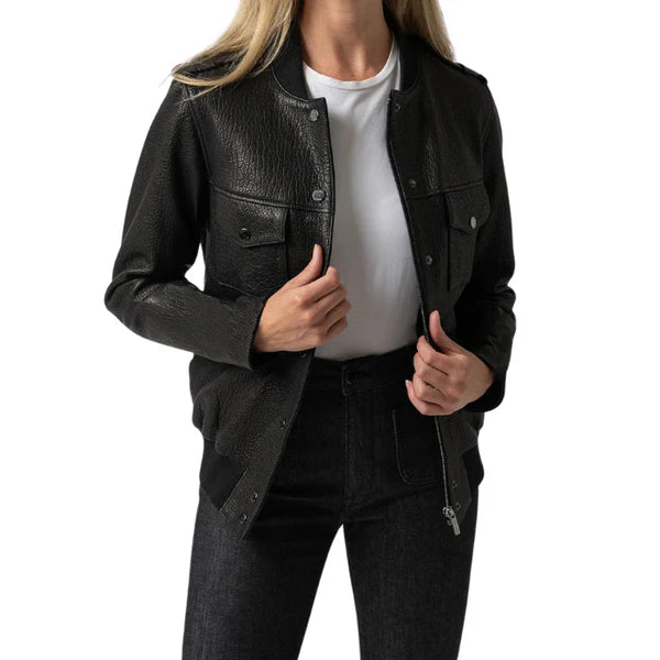 Soft Grain Black Leather Bomber Jacket