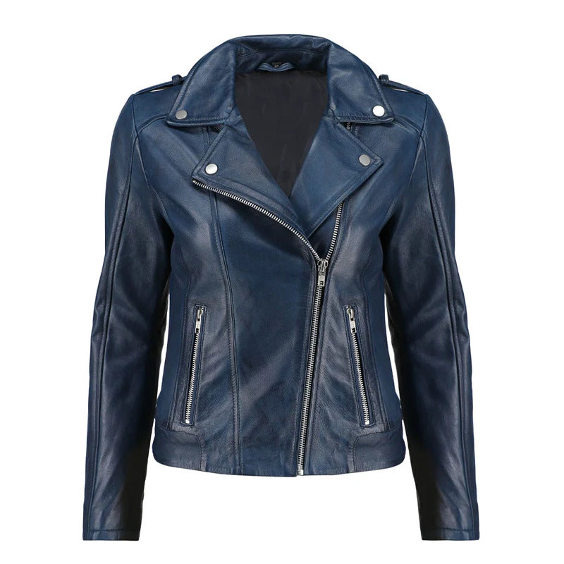 Women's Blue Zip-Up Handwaxed Moto Leather Jacket