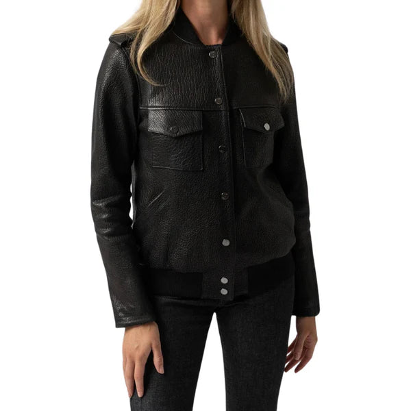 Soft Grain Black Leather Bomber Jacket