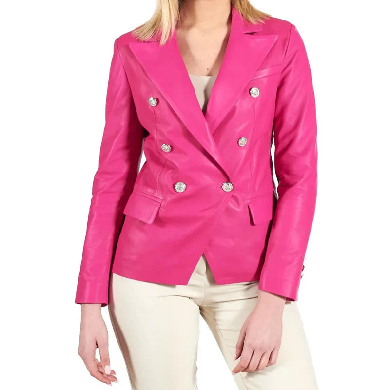 Women's Pink Breasted Leather Coat