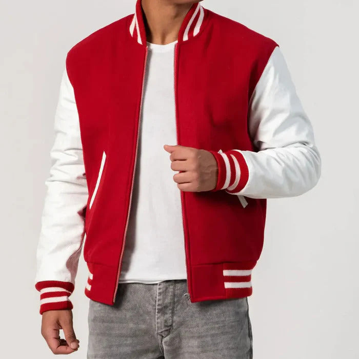 Red Wool Body & White Leather Sleeves Zipper Varsity Jacket